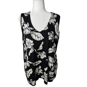 Chico's Size Large Black & White Floral V-Neck Career Tank Sleeveless Top